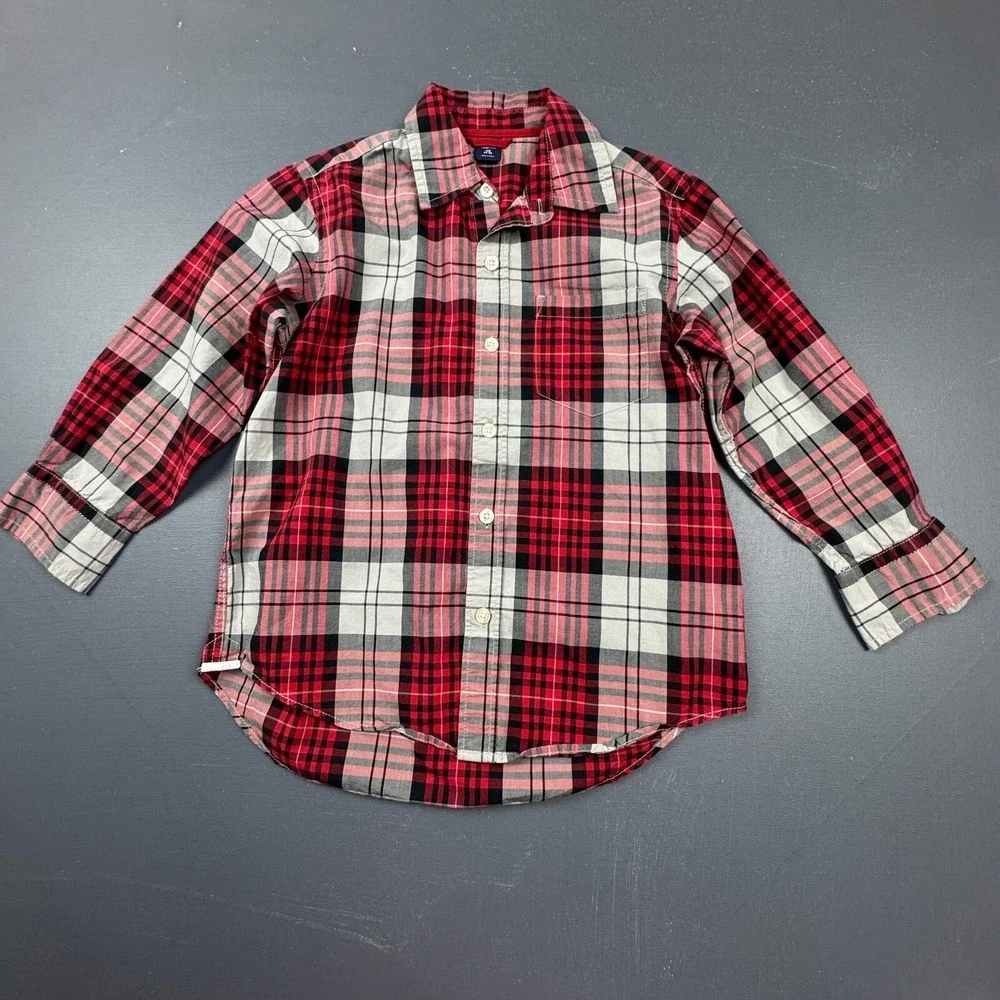 Gap Boys 4/5 Red Grey Plaid Button Up Long Sleeve Cotton Casual Shirt Classic